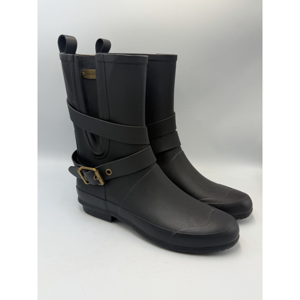 Burberry Black Rubber Rain Boots Womens EU 37 Plaid Lined Buckle Mid Calf